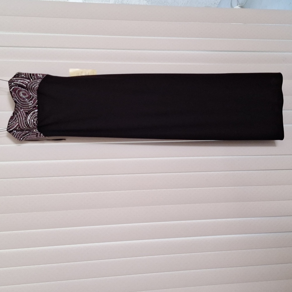 JsBoutique Long Beaded Dress, Size 7, Black with Purple, White, Black Beading